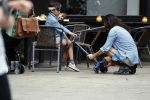 Amsterdam 9 augustus 2017  
Birgit Schuurman met zoon Chico en een kennis op terras