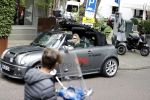 Amsterdam 15 juli 2017 
Myrthe Mylius met haar vriend Sebastian Schneberger op terras in in hun mini cabrio