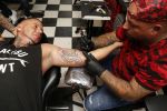 Eindhoven 28 augustus 2018
Rolf Tangel laat bij Dannyâ€™s tattooshop in Eindhoven zijn Barbie Samantha tatoos weghalen.