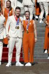Den Haag 10 augustus 2021
Koning Willem Alexander en Koningin Maxima ontvangen op paleis noordeinde alle medaillewinnaars van de Olympische spelen in Tokyo. oa Sifan Hassan Harrie Lavreysen  Kiran Badloe Annemiek v d Vleuten Niek Kimmann Shanne Braspennincx Abdi Nageeye Jeffrey Hoogland Gabriella Schloesser Steve Wijler Arno Kamminga Sharon v Rouwendaal Tom Dumoulin Anouk Vetter Femke Bol Nouchka Fontijn Merel Smulders Sanne v Dijke Maikel v d Vleuten Kirsten Wild Annemiek Bekkering Annette Duetz Emma Oosterwegel Marit Bouwmeester Anna v d Breggen Roy v d Berg , heren 4 roeien , dames 2 roeien, heren 4x 400m  en het nederlands dames hockeyteam .Ook chef de Mission Pieter v d Hoogenband is er natuurlijk bij .