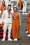 Den Haag 10 augustus 2021
Koning Willem Alexander en Koningin Maxima ontvangen op paleis noordeinde alle medaillewinnaars van de Olympische spelen in Tokyo. oa Sifan Hassan Harrie Lavreysen  Kiran Badloe Annemiek v d Vleuten Niek Kimmann Shanne Braspennincx Abdi Nageeye Jeffrey Hoogland Gabriella Schloesser Steve Wijler Arno Kamminga Sharon v Rouwendaal Tom Dumoulin Anouk Vetter Femke Bol Nouchka Fontijn Merel Smulders Sanne v Dijke Maikel v d Vleuten Kirsten Wild Annemiek Bekkering Annette Duetz Emma Oosterwegel Marit Bouwmeester Anna v d Breggen Roy v d Berg , heren 4 roeien , dames 2 roeien, heren 4x 400m  en het nederlands dames hockeyteam .Ook chef de Mission Pieter v d Hoogenband is er natuurlijk bij .