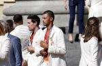 Den Haag 10 augustus 2021
Koning Willem Alexander en Koningin Maxima ontvangen op paleis noordeinde alle medaillewinnaars van de Olympische spelen in Tokyo. oa Sifan Hassan Harrie Lavreysen  Kiran Badloe Annemiek v d Vleuten Niek Kimmann Shanne Braspennincx Abdi Nageeye Jeffrey Hoogland Gabriella Schloesser Steve Wijler Arno Kamminga Sharon v Rouwendaal Tom Dumoulin Anouk Vetter Femke Bol Nouchka Fontijn Merel Smulders Sanne v Dijke Maikel v d Vleuten Kirsten Wild Annemiek Bekkering Annette Duetz Emma Oosterwegel Marit Bouwmeester Anna v d Breggen Roy v d Berg , heren 4 roeien , dames 2 roeien, heren 4x 400m  en het nederlands dames hockeyteam .Ook chef de Mission Pieter v d Hoogenband is er natuurlijk bij .